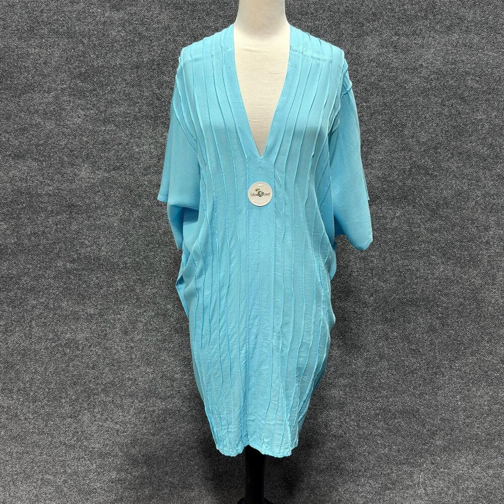Island Planet Cover Up Womens One Size Blue Pleated V Neck Tunic Beach Swim